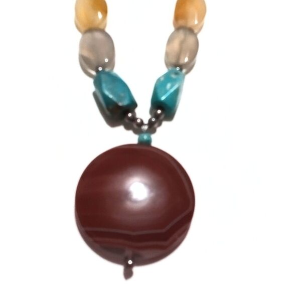 Multi Color Agate and Turquoise Beaded Pendant Necklace * - Picture 4 of 5